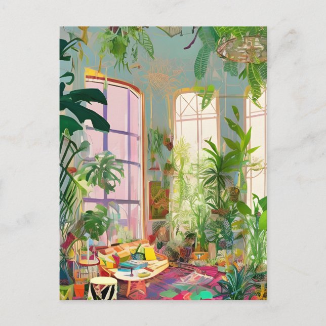 Wohnzimmer Jungle Room AI generierte Postkarte (Vorderseite)