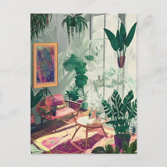 Wohnzimmer Tropische Pflanze AI generierte Postkar Postkarte (Vorderseite)