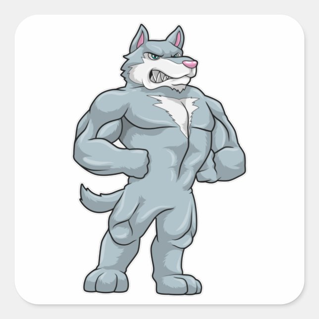 Wolf als Bodybuilder Extrem Quadratischer Aufkleber (Vorderseite)