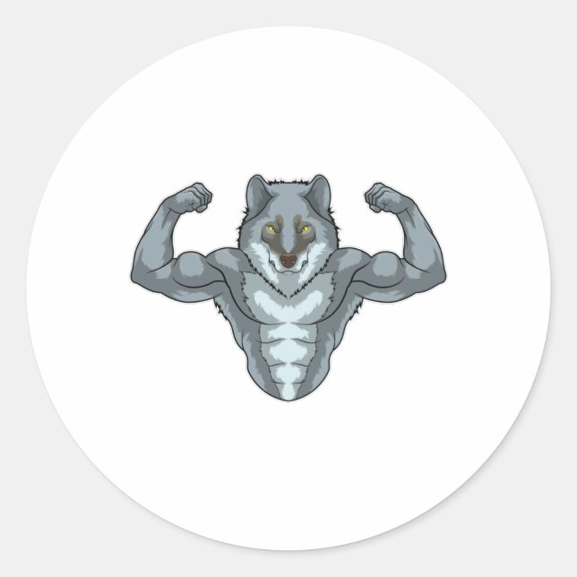 Wolf als Bodybuilder mit großen Muskeln Runder Aufkleber (Vorderseite)