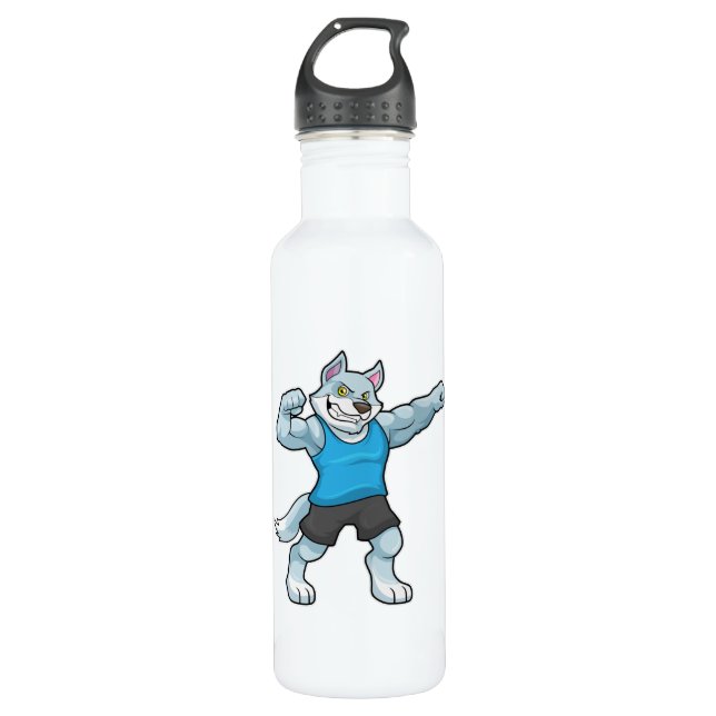 Wolf als Bodybuilder mit großen Oberarmen Edelstahlflasche (Vorderseite)