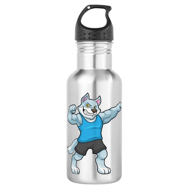 Wolf als Bodybuilder mit großen Oberarmen Edelstahlflasche (Vorderseite)
