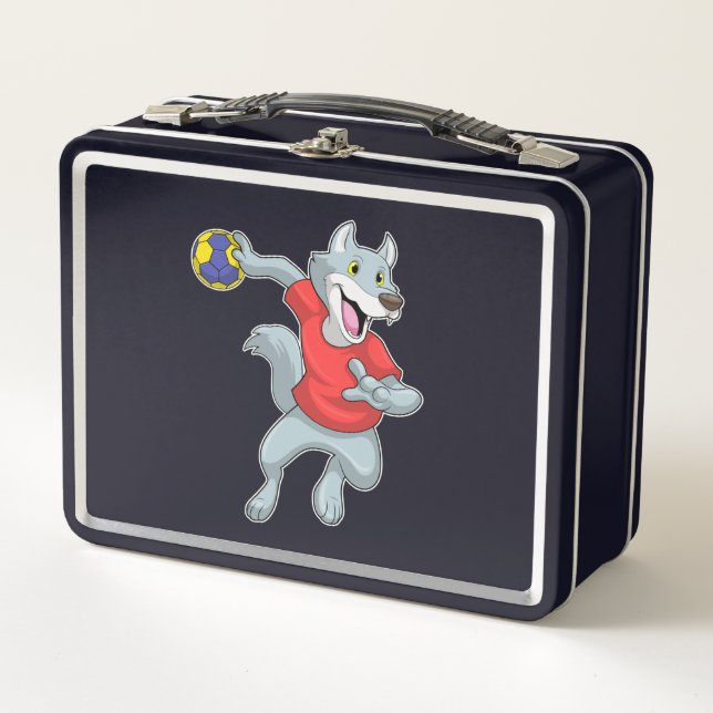 Wolf als Handballspieler mit Handball Metall Brotdose (Vorderseite)