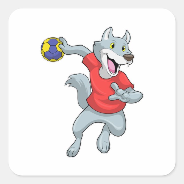 Wolf als Handballspieler mit Handball Quadratischer Aufkleber (Vorderseite)