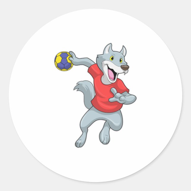 Wolf als Handballspieler mit Handball Runder Aufkleber (Vorderseite)