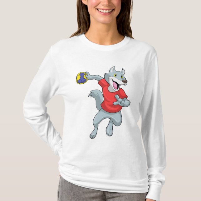 Wolf als Handballspieler mit Handball T-Shirt (Vorderseite)