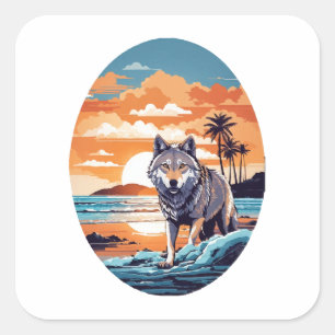 Wolf am Strand Quadratischer Aufkleber