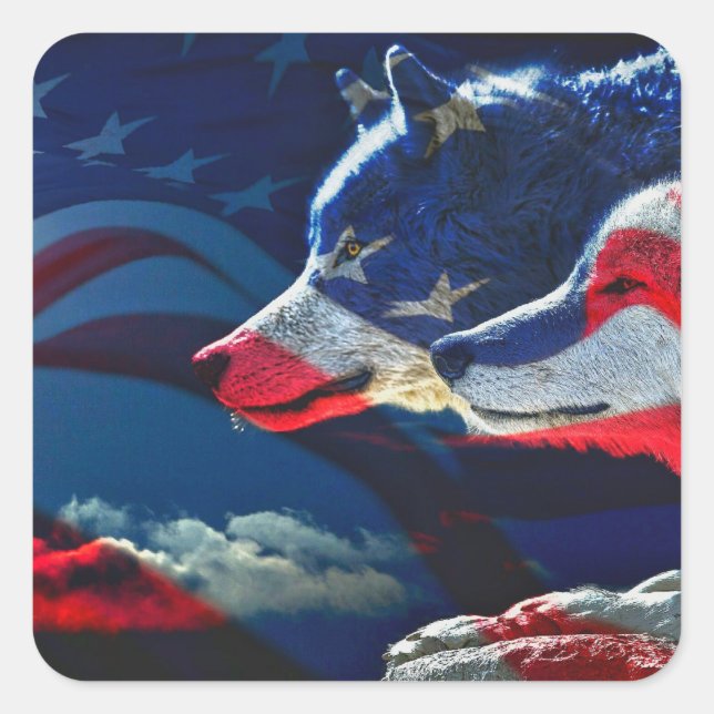 Wolf American Flag Full Moon Quadratischer Aufkleber (Vorderseite)