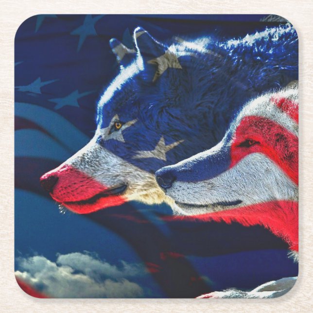 Wolf American Flag Full Moon Rechteckiger Pappuntersetzer (Vorderseite)