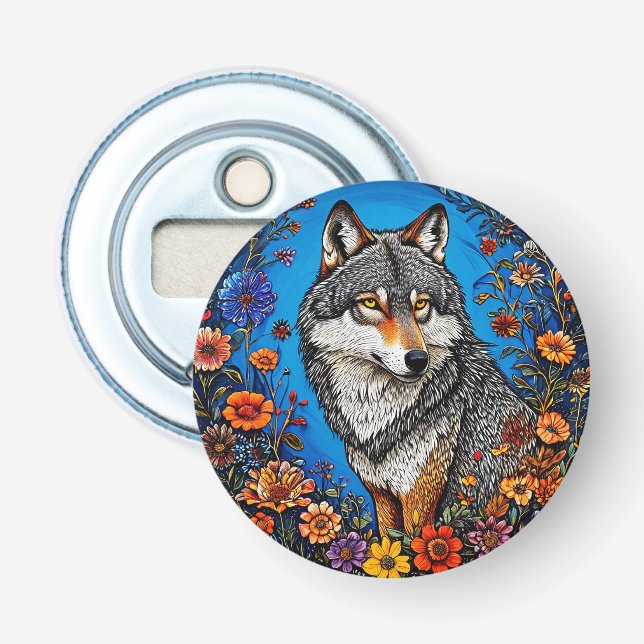 Wolf Amid Vibrant Blume Flaschenöffner (Vorderseite)