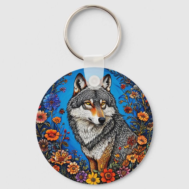 Wolf Amid Vibrant Blume Schlüsselanhänger (Vorderseite)
