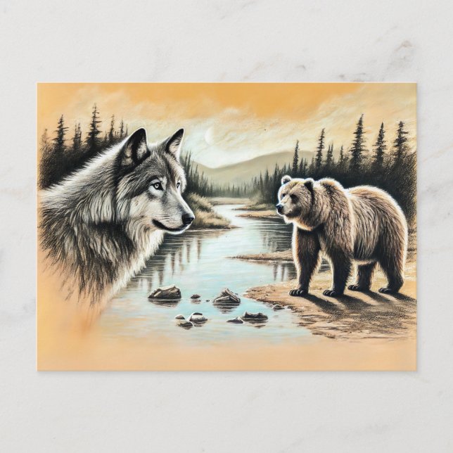 Wolf and Bear Meet by River Postkarte (Vorderseite)