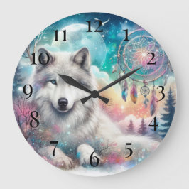 Wolf and Dreamcatcher with the Moon Große Wanduhr
