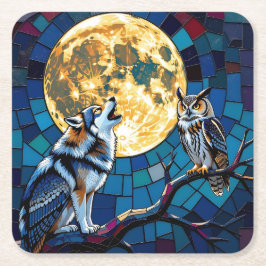  Wolf and Owl Mosaic Art Rechteckiger Pappuntersetzer