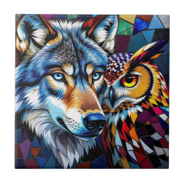 Wolf and Owl Vibrant and Colorful  Fliese