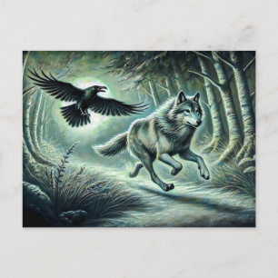 Wolf and Raven in Moonlight Postkarte