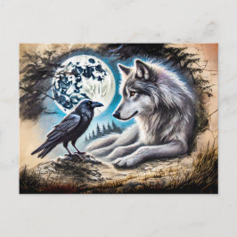 Wolf and Raven on Rock at Full Moon Postkarte