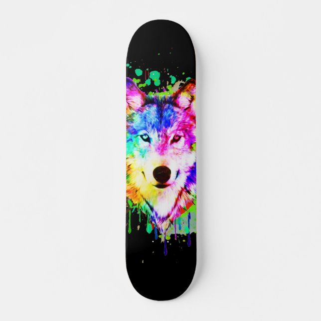 Wolf Art Watercolor Splash Skateboard (Vorne)