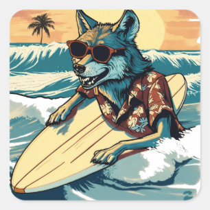 WOLF AUF HAWAII STRAND FÜR SOMMERURLAUB QUADRATISCHER AUFKLEBER