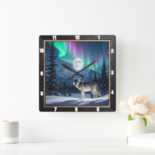 Wolf Aurora Borealis Wildlife Quadratische Wanduhr