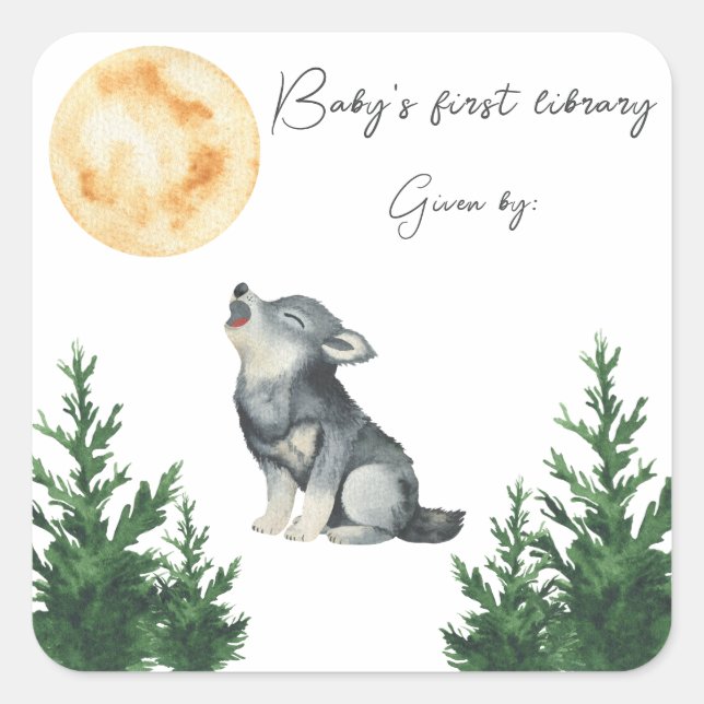 Wolf Baby Shower Baby's first library  Quadratischer Aufkleber (Vorderseite)