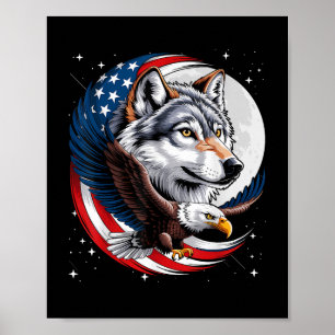 Wolf Bald Eagle American Flag Vollmond Neue Jahre Poster