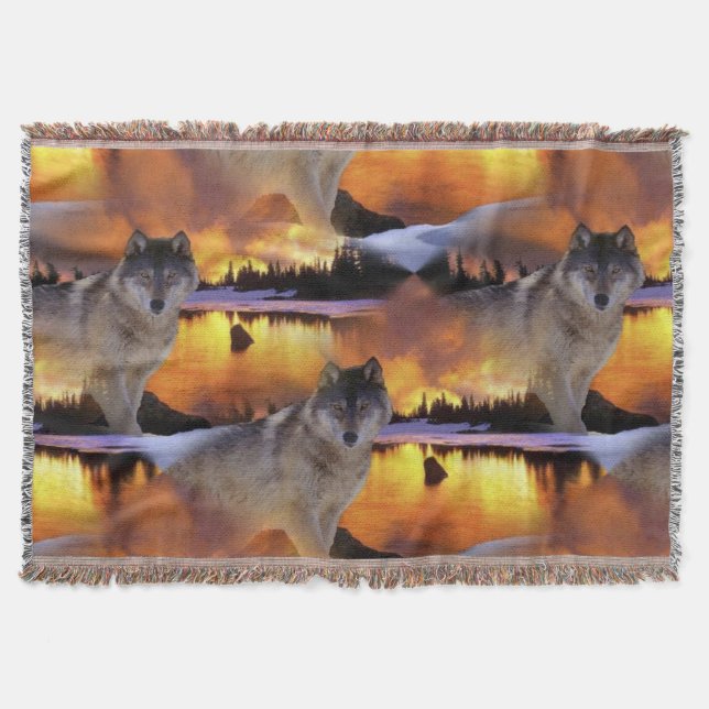 Wolf bei Sunset Pattern Decke (Vorderseite)
