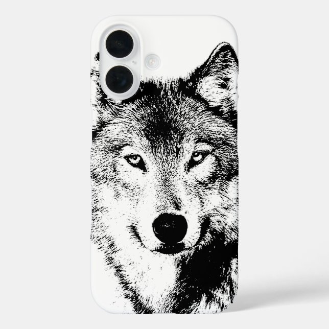 Wolf Black & White Pop Art iPhone 16 Hülle (Rückseite)