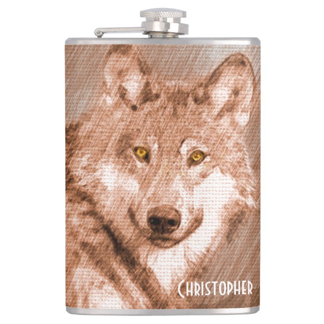 Wolf-Bleistift-Skizze-Bild personifizieren Flachmann (Vorderseite)