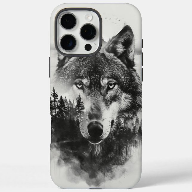 Wolf blickt durch scheußliche Wälder iPhone 16 Pro Max Hülle (Rückseite)