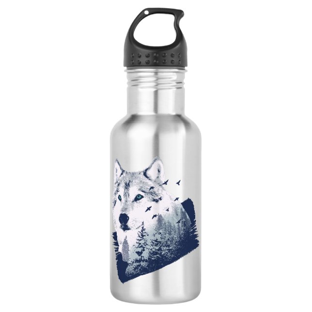 Wolf Blue Forest Grunge Edelstahlflasche (Vorderseite)