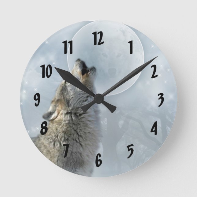 Wolf Blue Moon Runde Wanduhr (Vorderseite)