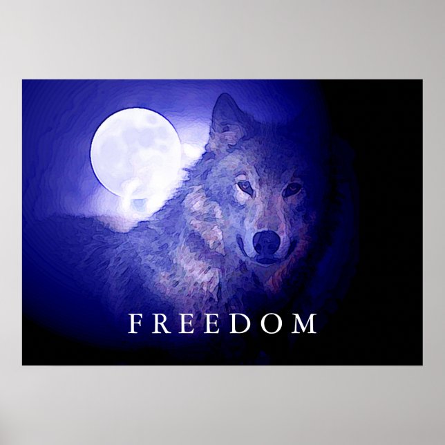 Wolf Blue Night Fullmoon Freedom Poster (Devant)