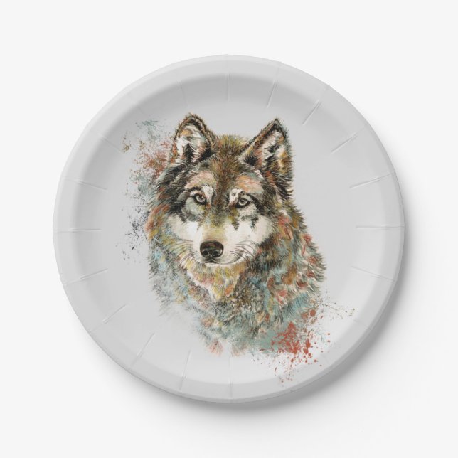 Wolf Code Inspiration Wasserfarbe Wildtier Pappteller (Vorderseite)