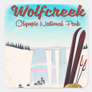 Wolf Creek Olympic National Park Reiseplakat. Quadratischer Aufkleber