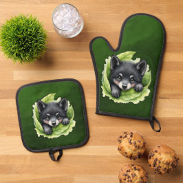Wolf cub in the green ofenhandschuh & Topflappen-Set