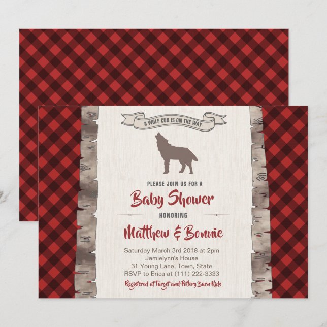 Wolf Cub Kariert Winter Forest Baby Dusche für Jun Einladung (Vorne/Hinten)