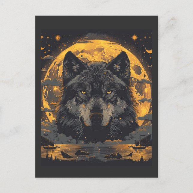 Wolf Design Postkarte mit Vollmondstern (Vorderseite)