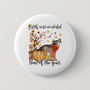 Wolf Dog Fall Pumpkins Autumn Leaf Tree Button