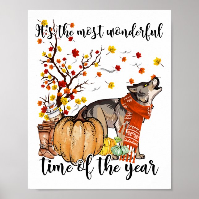 Wolf Dog Fall Pumpkins Autumn Leaf Tree Poster (Vorne)