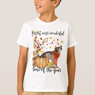 Wolf Dog Fall Pumpkins Autumn Leaf Tree T-Shirt