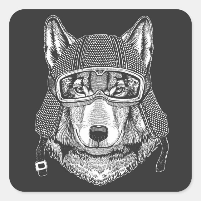 Wolf Dog Motorradfahrer Quadratischer Aufkleber (Vorderseite)