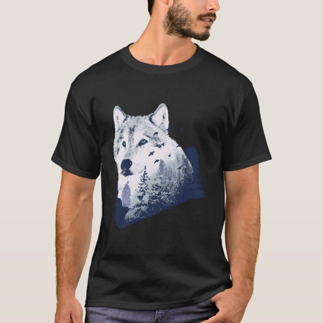 Wolf-Doppelexposition T-Shirt (Vorderseite)