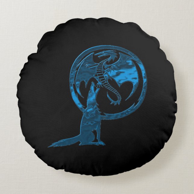 Wolf & Dragon Bleu rond coussin en coton noir (Devant)