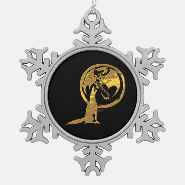 Wolf & Dragon Gold Schwarze Zinnsnowflake-Ornament Schneeflocken Zinn-Ornament (Vorderseite)