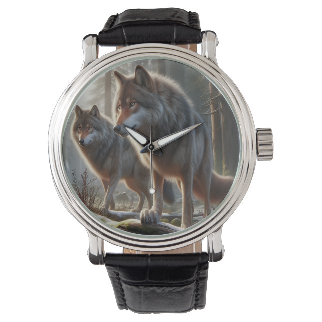 Wolf Duo in Forest 3D Look | Atemberaubende Natur Armbanduhr (Vorderseite)