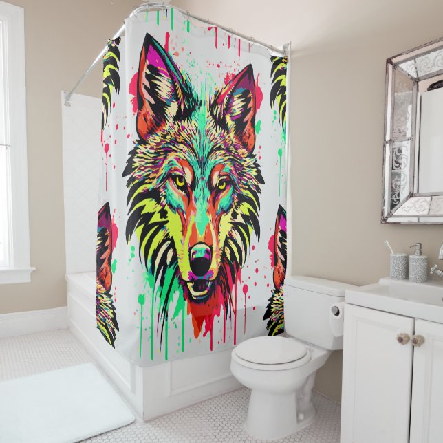 Wolf-Duschvorhang | Farbiger Wolf Head Duschvorhang (Beispiel)
