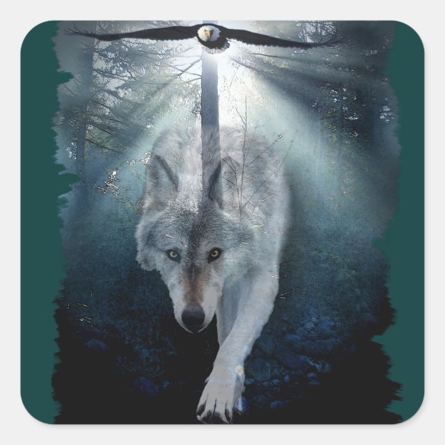Wolf & Eagle Clans Wildlife Art Quadratischer Aufkleber (Vorderseite)