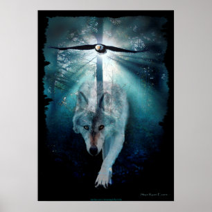 Wolf, Eagle & Forest Wildlife Art Poster