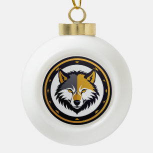 Wolf-Emblem-Logo mit goldenem Kreis Keramik Kugel-Ornament